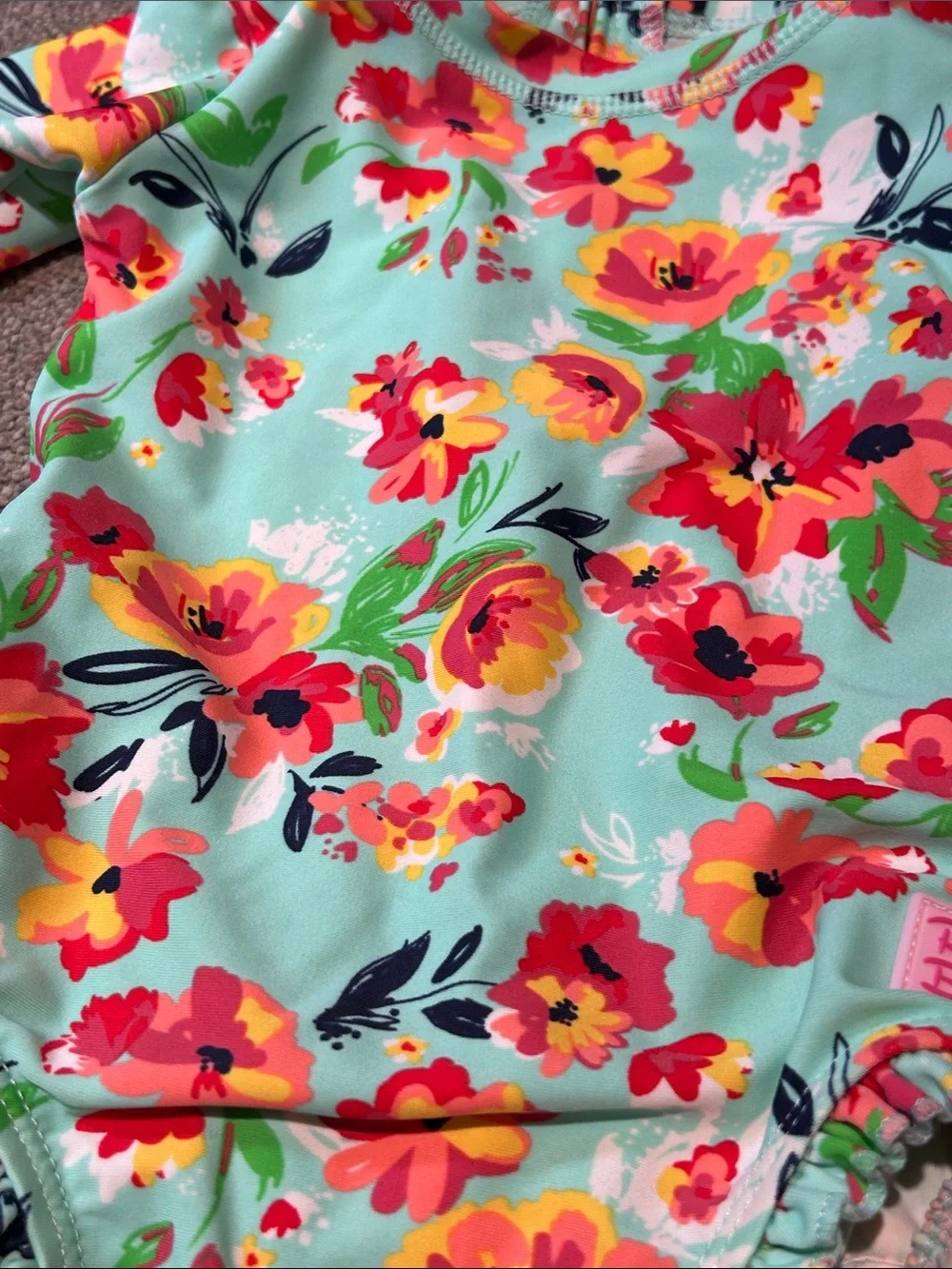 Ruffle Butts Mint Floral Long-Sleeve One-Piece Swimsuit with Coral Ties